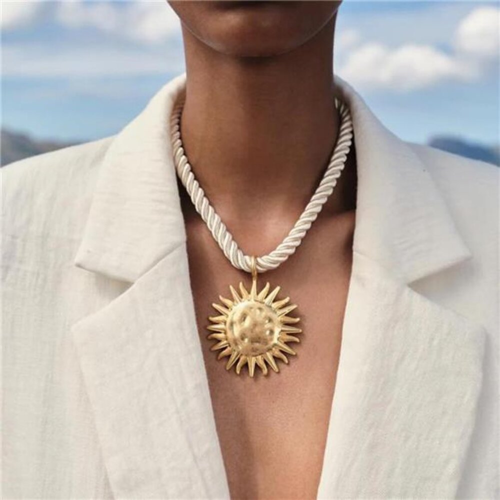 Sunburst Pendant Necklace | Twisted Rope Chain | Adjustable Statement Jewelry - Picture 2 of 4